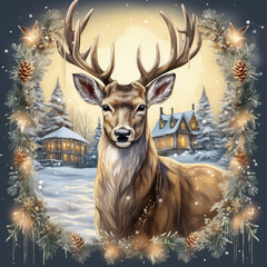 Christmas deer in the forest generative ai