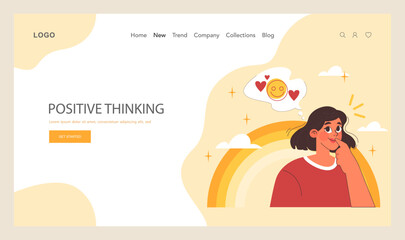Positive psychology web banner or landing page. Positive thinking and attitude. Optimistic mindset, self acceptance and well-being. Young woman working on her mental health. Flat vector illustration