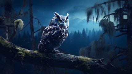 Owl perched under moonlight, night shot capturing an owl with a moonlit forest backdrop, bringing out the mysterious allure of nocturnal forest life. - obrazy, fototapety, plakaty