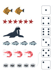 Worksheet for teaching numeracy and  mathematics for kids. Training sheet with the abodes of the sea underwater world.