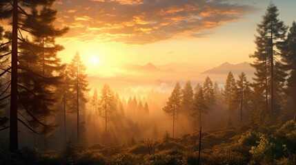  the sun shines through the clouds over a forest with tall pine trees in the foreground and a mountain range in the distance with fog in the foreground.  generative ai