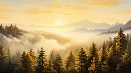  a painting of the sun setting over a mountain range with trees in the foreground and fog in the foreground, and fog in the foreground, and fog in the foreground.  generative ai
