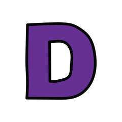 Hand-drawn cartoon doodle purple letter D on a white background.