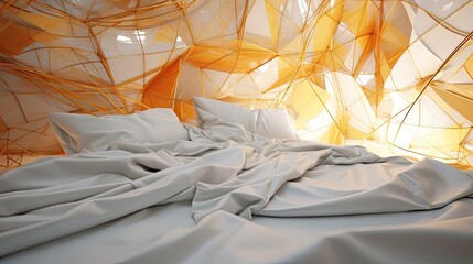  a bed with a white comforter and a white comforter on top of a bed covered in white sheets and a white comforter with orange and white sheets.  generative ai