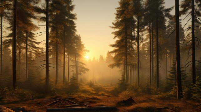  a forest filled with lots of trees and a sun shining through the trees in the distance in the distance is a log laying on the ground in the foreground.  generative ai