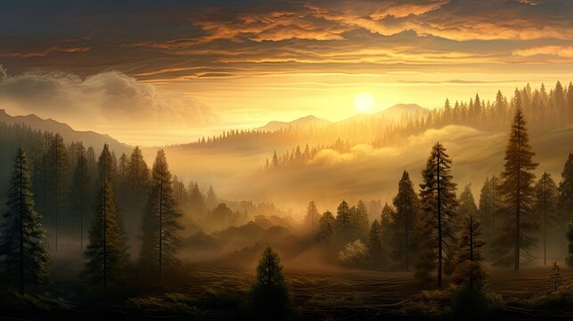  a painting of the sun setting over a mountain range with trees in the foreground and fog in the sky, with a sun setting over the mountains in the distance.  generative ai