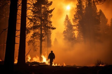 Unrecognizable fireman walking near burning orange flames with smoke during forest fires