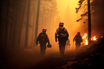 Unrecognizable firemen walking near burning orange flames with smoke during forest fires