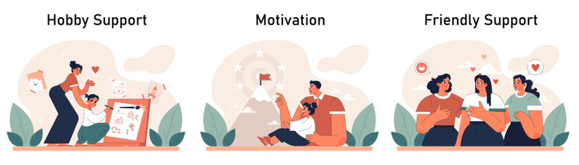 Positive relationships set. Loving family connection and friends support. Harmonious mutual communication. Warm relations between people. Flat vector illustration - obrazy, fototapety, plakaty