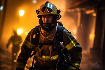 Fototapeta na wymiar Professional fireman in uniform with helmet standing against blurred glowing lamps during evening