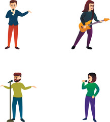 Stage performance icons set cartoon vector. Singer and musician performance. Playing instrument and singing
