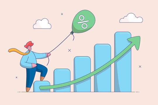 Money or wages growing concept. Revenue or salary increase, growth investment profit or earning from stock market. Businessman with balloon on dollar money sign with growth graph and chart.