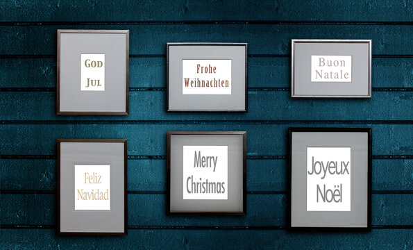 Biderrahmen mit Weihnachtsgrüssen in verschiedenen Sprachen