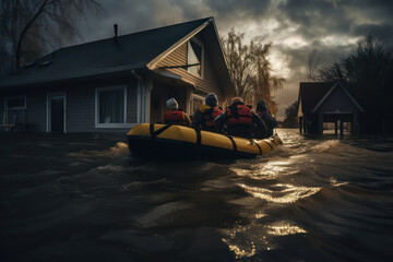 People on boat near flooded house in village - obrazy, fototapety, plakaty