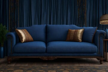 a sofa with rugged canvas or denim fabric and metal accents