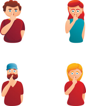 Silence icons set cartoon vector. Man and woman keep finger on lips. Demonstrate silence sign, secret