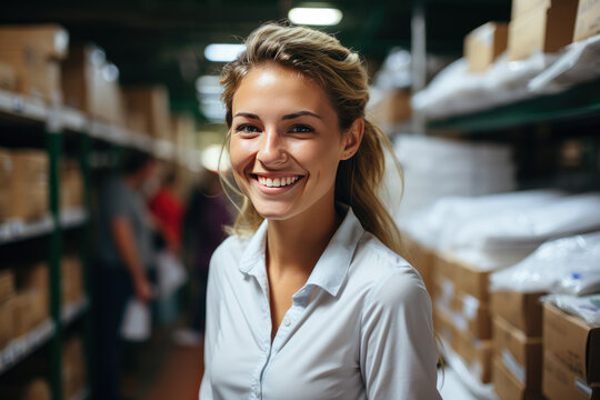 Positive female in apron standing near shelves with cardboard boxes for packaging in the stock.
