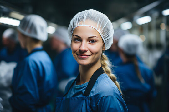 Factory workers in food production facility, Portrait of smiling butcher standing in meat factory.