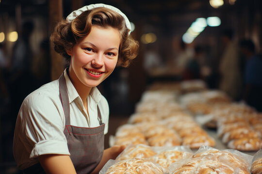 soviet baker in the food factory,Baker female is showing tasty bread in bakery..