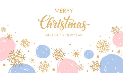 Happy New Year and Merry Christmas, winter vector illustration. Snowflakes and flakes on a white background.