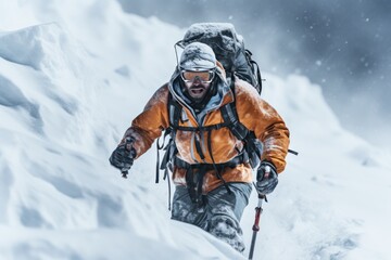 Hiker with backpack on snowy mountain slope