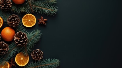  a christmas tree with oranges, pine cones, and an orange slice on a dark background with pine cones and an orange slice on the top of the tree.  generative ai