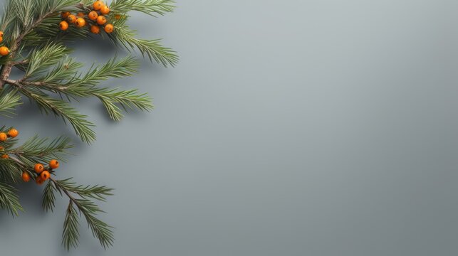  a branch of a pine tree with orange berries and green leaves on a gray background with a place for a text or an image with a place for your own text.  generative ai