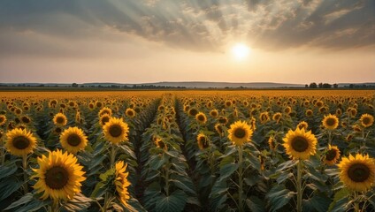 Obraz premium Sunrise beams over an expansive sunflower field, casting a warm, golden glow on the blooms