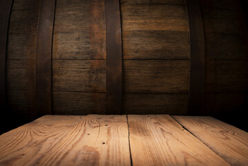 image of wooden table in front of abstract blurred background of resturant lights . High quality photo