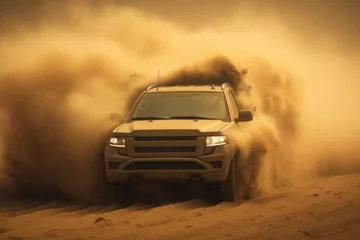 Poster Car with glowing headlights riding on desert terrain in sand storm in daylight © olga_demina