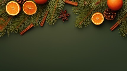 a green background with oranges, cinnamon sticks, pine cones, cinnamon sticks, anisette, anisette, anisette, and anise.  generative ai