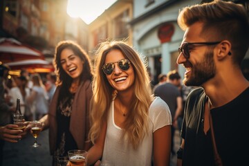Gente feliz disfrutando de una reunión social celebrando juntos.Grupo de amigos disfrutando de un refresco o una cerveza en el restaurante o pub de la calle. - obrazy, fototapety, plakaty
