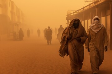 Unrecognizable Muslim couple with face covered in clothes walking on street in sand storm - obrazy, fototapety, plakaty