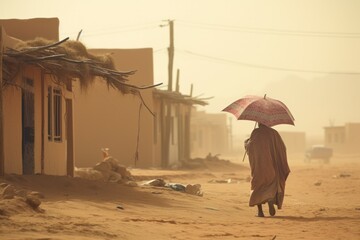 Unrecognizable woman with umbrella and in covered clothes walking in sand storm near houses