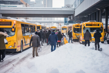 Crowd of people and buses stuck on snowy road