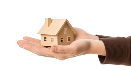 Hands holding a wooden house model isolated on transparent background, png. housing, property and real estate concept