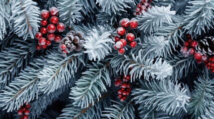  a close up of a pine tree with red berries and pine cones on it's branches with snow on the branches and pine cones on the top of the branches.  generative ai