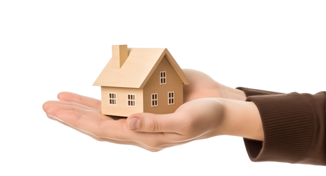 Hands holding a wooden house model isolated on transparent background, png. housing, property and real estate concept