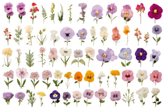collection of pressed flowers on white background