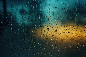 Fotobehang Rain drops on glass window at night © olga_demina