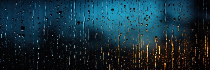 Rain drops dripping on glass window at night