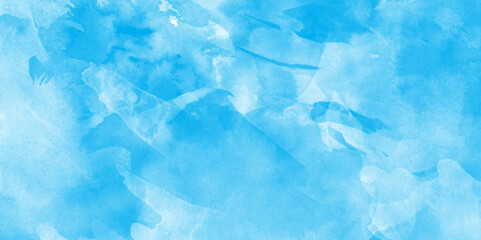  soft and lovely sky blue watercolor background with clouds, Sky clouds with brush painted blue watercolor texture, small and large clouds alternating and moving slowly on cloudy winter morning sky.