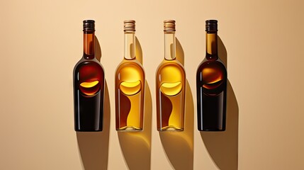  three bottles of wine sitting next to each other on top of a beige surface with a shadow of the bottle on the left and the right side of the bottle on the right.  generative ai