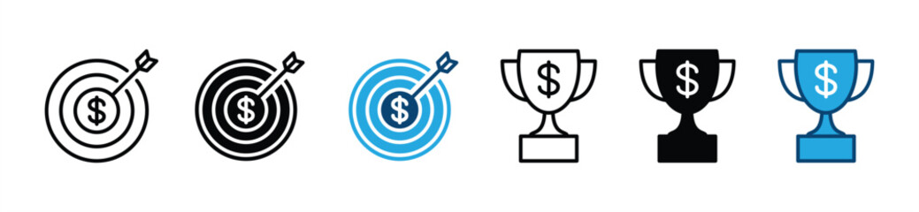 Financial goal icon set. Finance business, financial business targets goal. Targeting board and trophy with dollar sign symbol. Vector illustration 