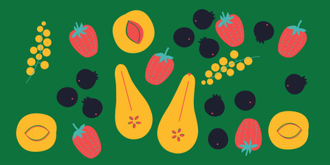 Cute appetizing Fruits and berries collection. Decorative abstract horizontal banner with colorful doodles. Hand-drawn modern illustrations with Fruits and berries, abstract elements.	