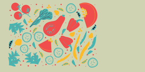  Cute appetizing Vegetables collection. Decorative abstract horizontal banner with colorful doodles. Hand-drawn modern illustrations with Vegetables, abstract elements.	