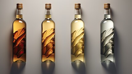  three bottles of wine sitting next to each other on top of a white surface with a shadow of leaves on the bottom of the bottle and bottom of the bottle.  generative ai