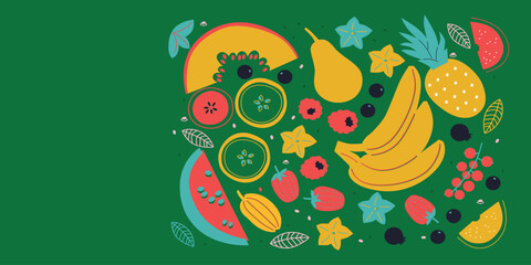 Cute appetizing Fruits and berries collection. Decorative abstract horizontal banner with colorful doodles. Hand-drawn modern illustrations with Fruits and berries, abstract elements.	
