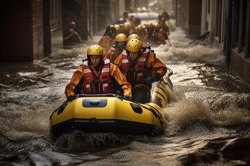 Group of professional lifeguards riding motor boat in rippling water on flooded street