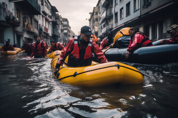 Professional safety workers in inflated boats rescuing people in flooded neighborhood